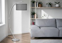 Modern Chrome Arch Floor Lamp Grey Shade Curved Standing Light Living Room Bedro