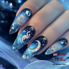 24Pcs Press on Nails - Medium Almond Shaped Moon Planet - Dark Blue Starry Sky