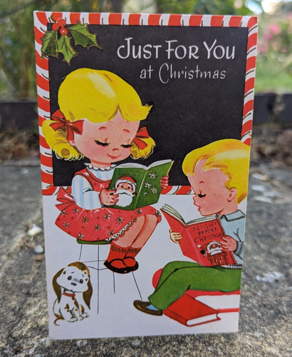Vintage Kinder Leseabend vor Weihnachten 60er Jahre gebraucht Grußkarte (EB10353)