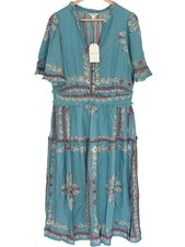 Monsoon Lenora Dress Womens Size L Turquoise Floral Embroidered Viscose