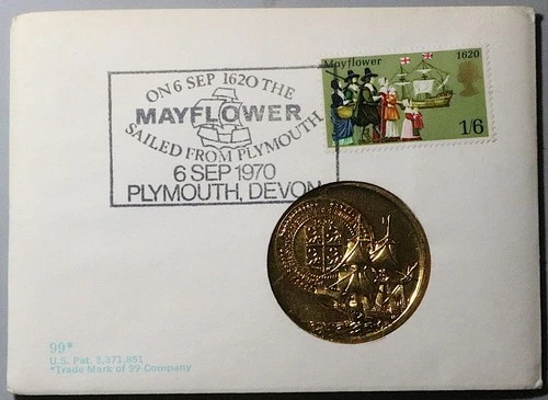 1970 1st Day Cover  350th Mayflower Great Britain 1/6 USA 6c Commemorative Medal