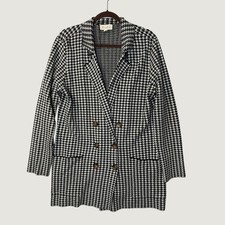 Marled Houndstooth Double Breasted Knit Blazer Jacket Black White Size L