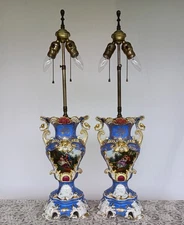Antique Pair 19th c French Old Paris Porcelain Hand Painted Rococo Baroque Lamps