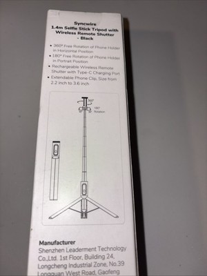Syncwire 1.4 M Selfie Stick Tripod With Wireless Remote, Shutter Black Brand New