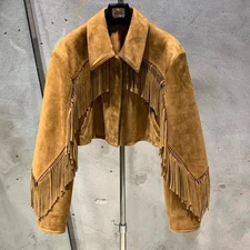 Women's Suede Fringe Jacket Western Cropped Boho Biker  Fringed Leather Coat