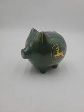 John Deere Ceramic Piggy Bank Stoneware Smiling Pig Green Yellow Authentic Logo