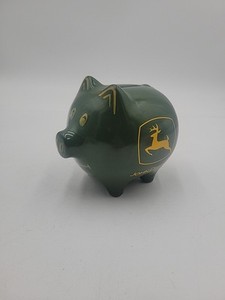 John Deere Ceramic Piggy Bank Stoneware Smiling Pig Green Yellow Authentic Logo