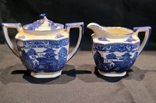 Vintage Japanese Blue White Willow Transferware Creamer  Sugar Set Bowls