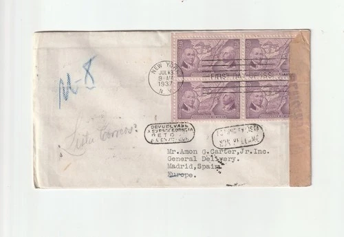 1937 US FDC TO MADRID SPAIN RETURNED/CENSORED WITH BLOCK OF 4