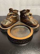 Vintage Mid-Century Cast Bronze Baby Shoes Ashtray Candle Holder Trinket Dish     