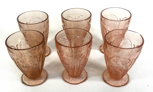 Jeannette Glass Cherry Blossom Pink Footed Tumblers 4.5" Tall Set of 6