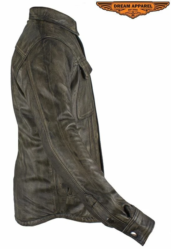 Camisa de cuero marrón envejecido con cuello de motocicleta para hombre con múltiples bolsillos Foto 4 de 4