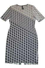 St. John Knit Dress size 8 Geometric Sheath Wool Blend Black Label Navy Blue
