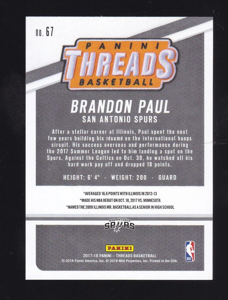 2017-18 Threads Brandon Paul Rookie #67 San Antonio Spurs - Image 2 of 2