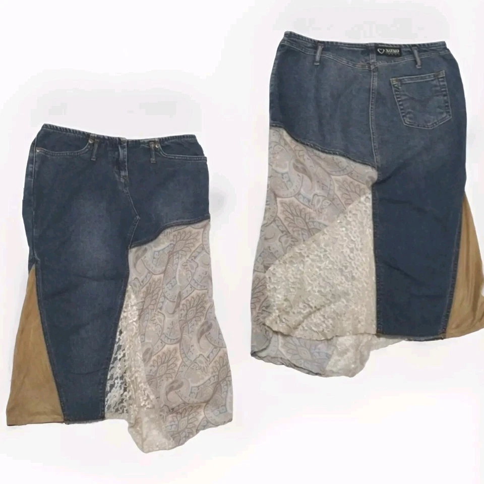 Falda Denim XOXO Vintage Vibe Boho 7 Dobladillo Asimétrico Parche Encaje Recorte Paisley Foto 2 de 4