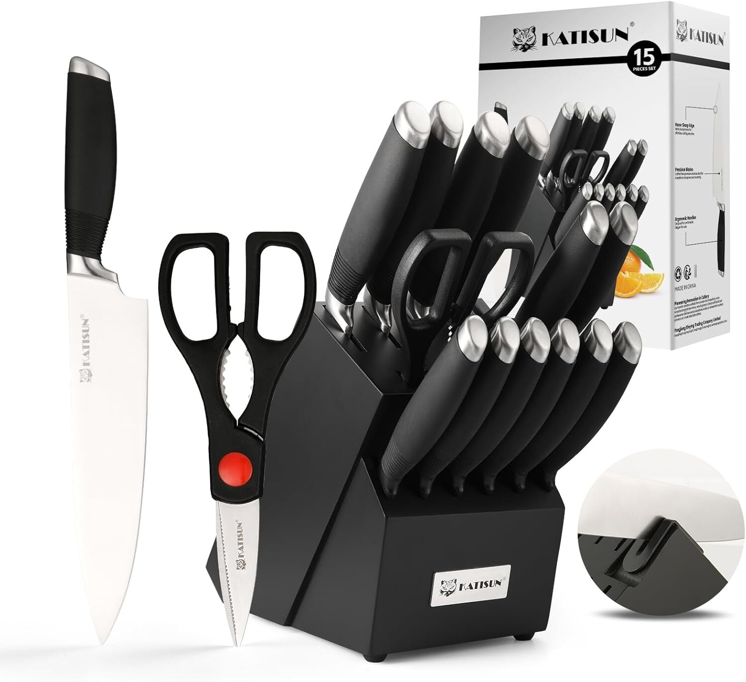 Durable 15-Piece Dishwasher Safe Knife Set with Ergonomic German Steel Handles