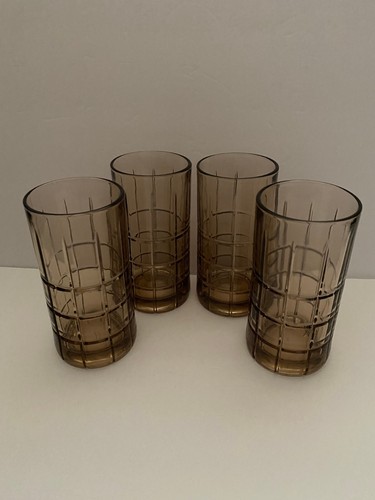 Vintage 4x Anchor Hocking Brown Tartan Water Glass Tumblers.