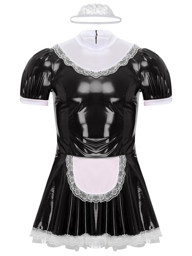 FEESHOW Mens Clubwear Sissy Dress With Lace Headband Apron Role Play Maid AU - Picture 10 of 44
