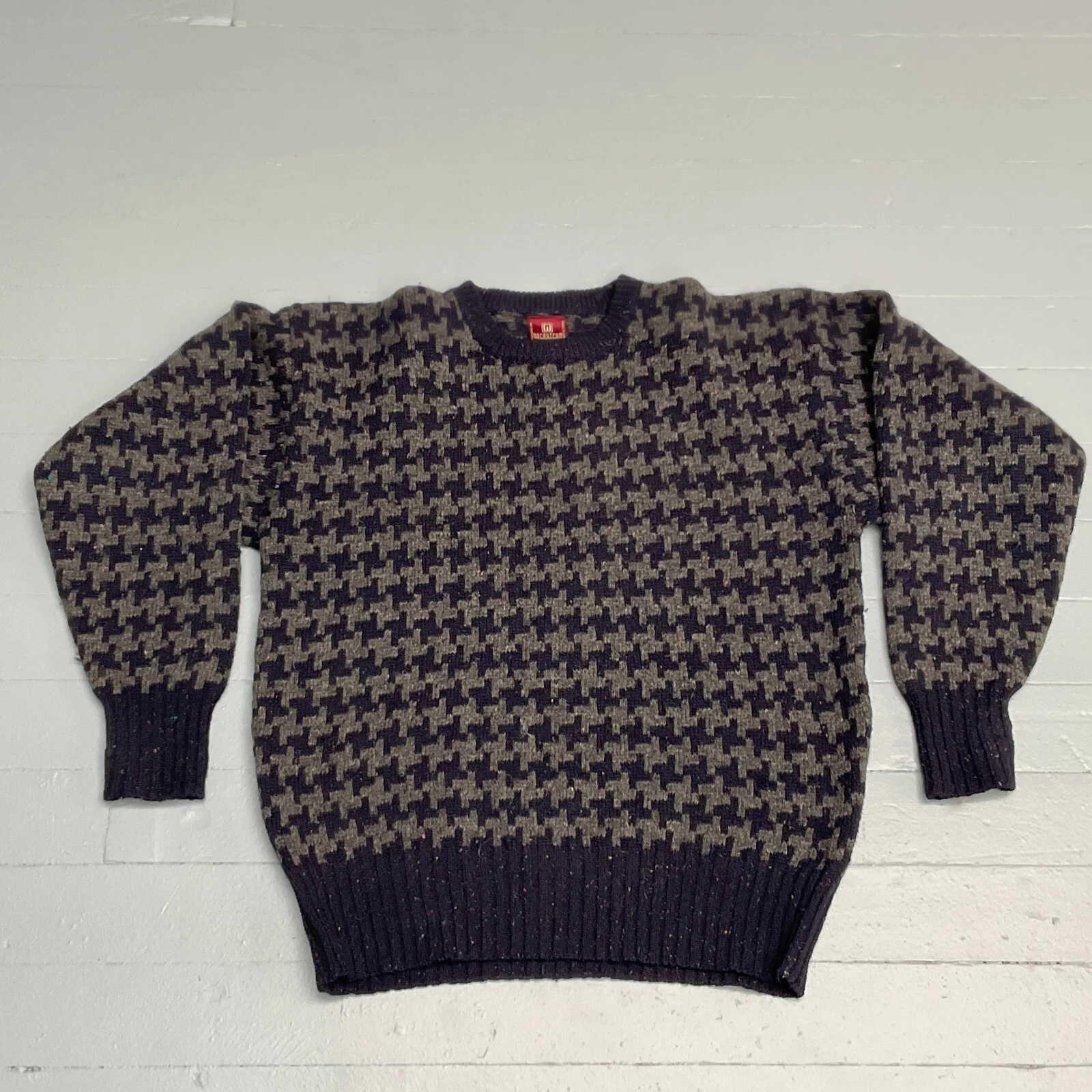 VTG Mens pullover Houndstooth Navy Wool Sweater Size M-L