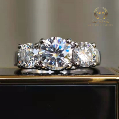 Moissanite Three Stone Engagement Ring Solid 14k White Gold 2.50 CT Round Cut 