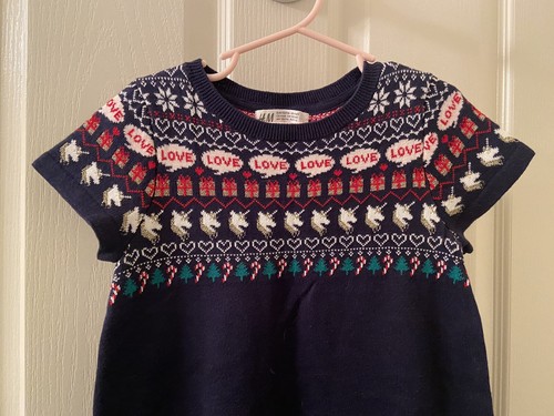 H&M Unicorn Present Christmas Holiday Sweater Dress Navy Blue Girls Size 4-6 NWT - Picture 2 of 6