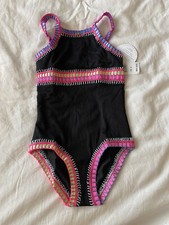 PQ girls swim suit midnight rainbow embroided high neck one piece size 4 80