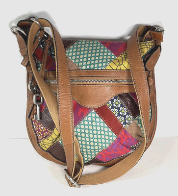 Fossil Slim Leather and Fabric Patchwork Crossbody Shoulder Bag
