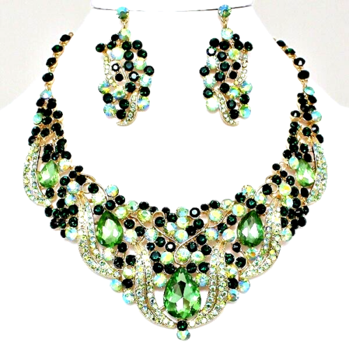 CLEARANCE HIGH END GREEN AB CHUNKY GLASS CRYSTAL FORMAL NECKLACE JEWELRY SET - Afbeelding 1 van 4