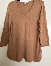 EUC J Jill V Neck Speckled 3/4 Sleeve Lightweight Sweater Sz Med  Dark Beige
