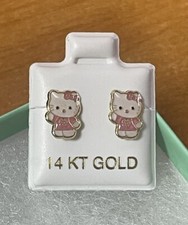 Kitty Cat Stud Earrings 14K Solid Gold With Safety Backing
