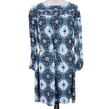 Loft Dress Womens Medium Blue White Shift Pleated Neck Tie Waist Career
