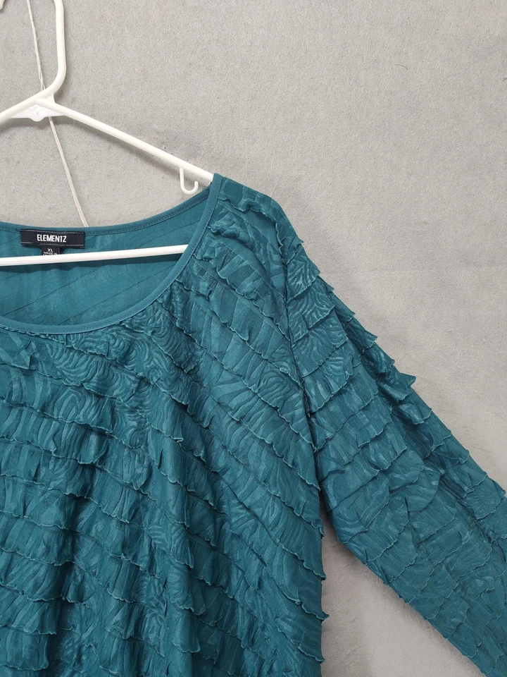 Blusa Top Elementz Camisa Mujer XL Verde azulado Manga 3/4 Volantes Texturizada Elastizada Foto 3 de 4