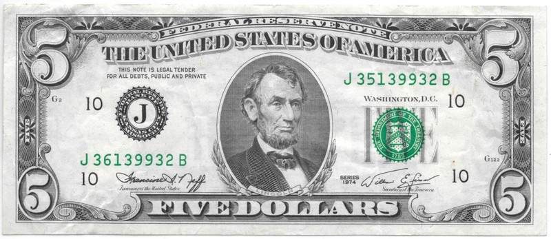 1974 $5 Federal Reserve Note Mismatched Serial Numbers J36139939B / J35139939B