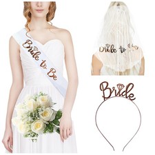 3 Pack Bride to Be Set, Sash, Veil, Tiara, White, Rose Gold, Bachelorette