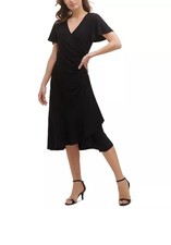 Kensie Dress Black Flutter Sleeve Surplice V-Neck Ruched Ruffled Midi Women’s -S