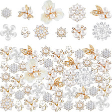 60 Pc Faux Pearl Rhinestone Flat Back Flower Buttons for Crafts Jewelry