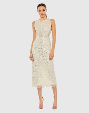 Mac Duggal Geometric Embellished Sleeveless Midi Dress - Size 0 - Nude Silver