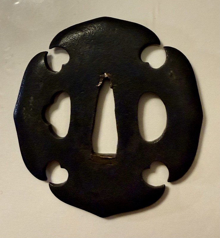 Fine Myochin Boar’s Eye (猪目 “Inome”) tsuba for wakizashi or slender sword.