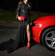 Black Sequin Feather Trumpet Mermaid Prom Dress Long Slit Sheer Sleeves V-Neck