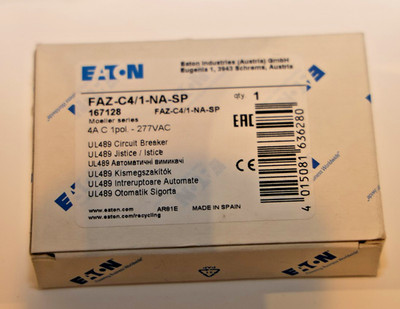 New Eaton FAZ-C4/1-NA-SP 167128 Moeller Mini Circuit Breaker 4A 1P 277VAC Module