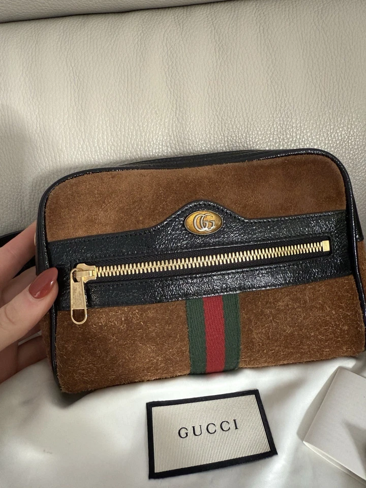 Authentic GUCCI Brown Suede Red Green Stripe Bum Bag Fanny Pack Purse GG Leather - Image 2 of 4