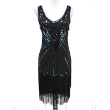 Babeyond Dress Womens Small Black Sequins Beads Side Zip Fringes Flapper 20s