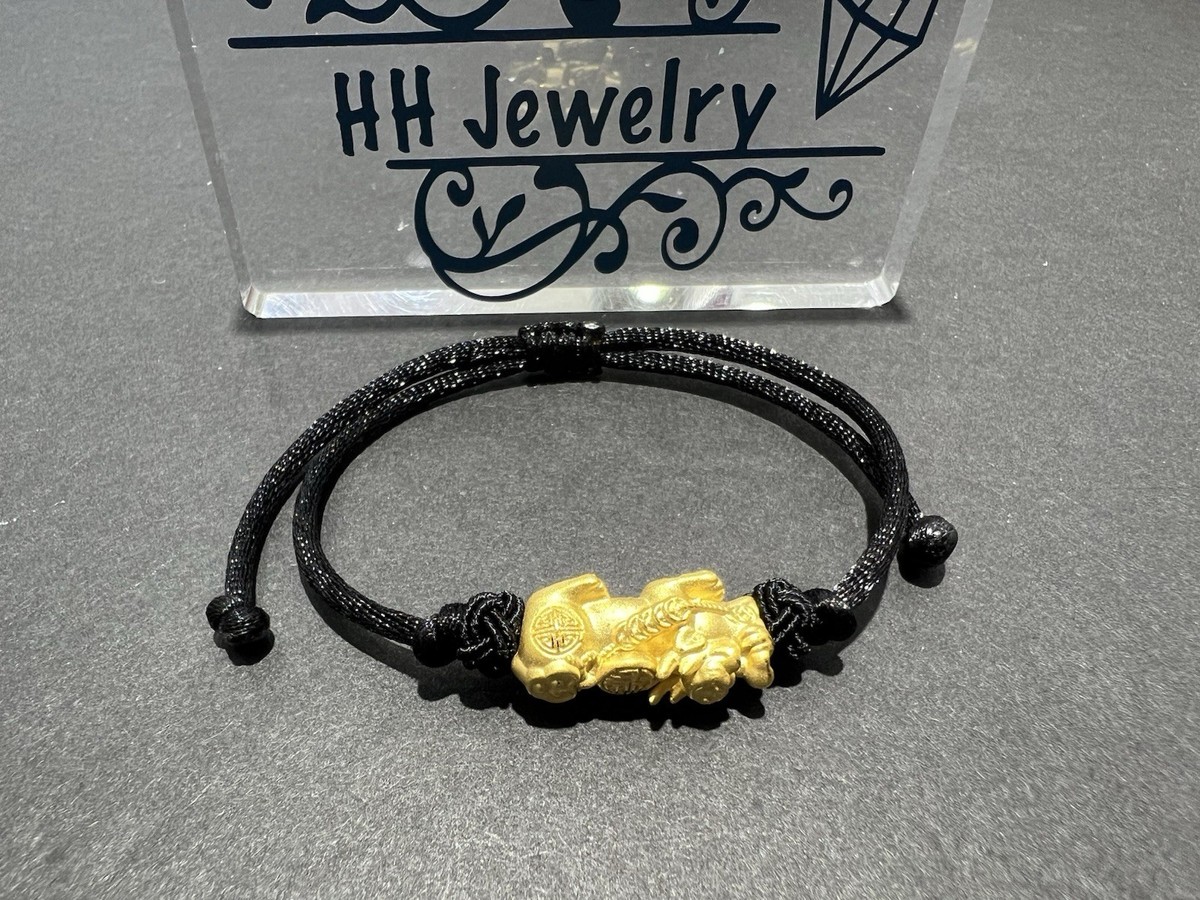 24K Yellow Gold Fu Dog, Pi Xiu Lucky Adj Bracelet With Black