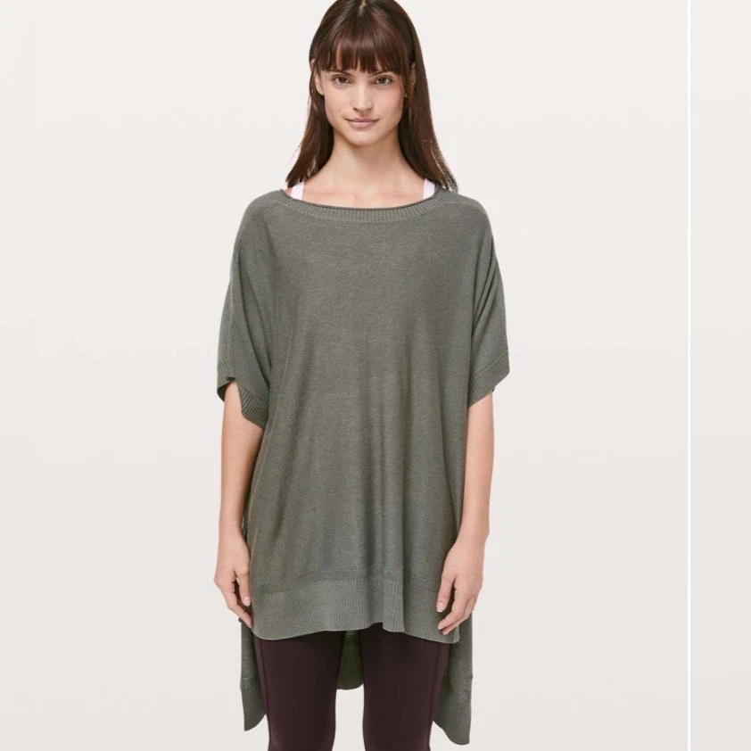 Lululemon Cashmere Blend Poncho Sweater Olive Green OS Oversized High Low Knit