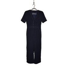 MAGGY LONDON 118 Short Sleeve Cropped Jumpsuit in Navy w/ White Piping Size 0