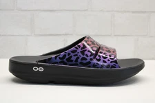 OOFOS Womens Ooahh Limited Sandal Black Purple leopard print Size 9