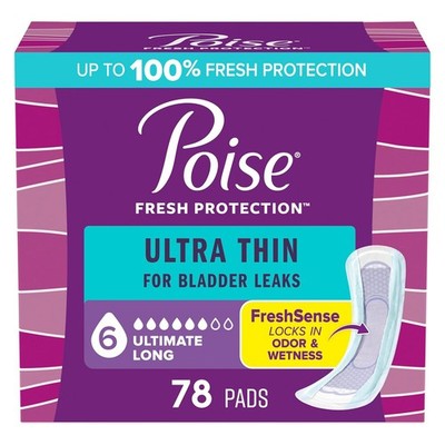 Poise Ultra Thin Incontinence Pads, 6 Drop Ultimate Absorbency Long Length 78 Ct