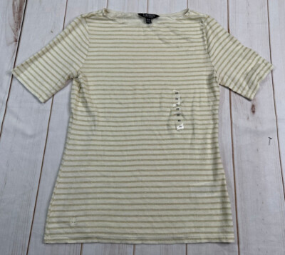 NWOT Lauren Ralph Lauren Womens Top XS Metallic Gold Striped Boat Neck  White RL