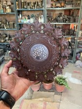 Antique Wooden Maple Leaf Floral Design Carved Beautiful Brass Inlaid Table Top