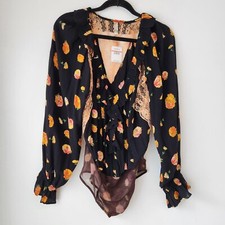 NWT Intimately Free People Popply Floral Printed Black Bodysuit Lace Women's XS